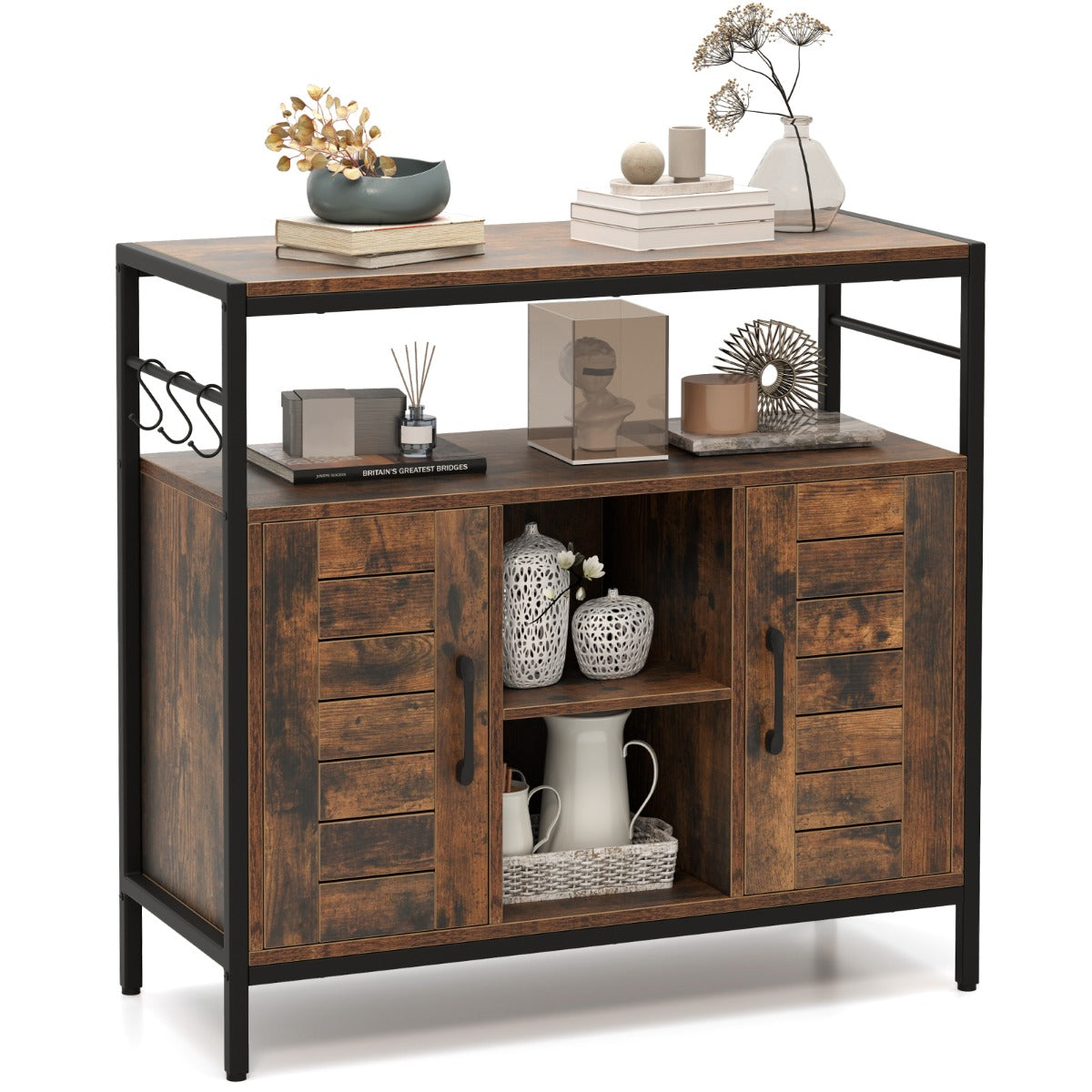LIVSK Buffetkast - Rustiek Bruin en Zwart - 2 Planken - 2 Open Vakken - 2 Gesloten Kasten - Verstelbaar - 84 x 35 x 80 cm -