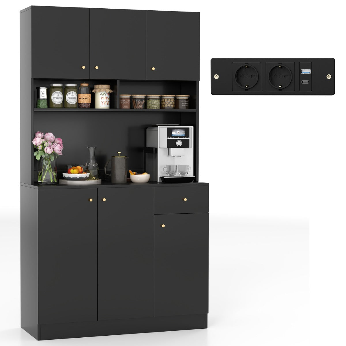 Livsk costway dressoir keukenkast met stopcontacten 4 kasten grote lade servieskast hoge buffetkast voor woonkamer eetkamer 100 x 40 x 181 cm zwart