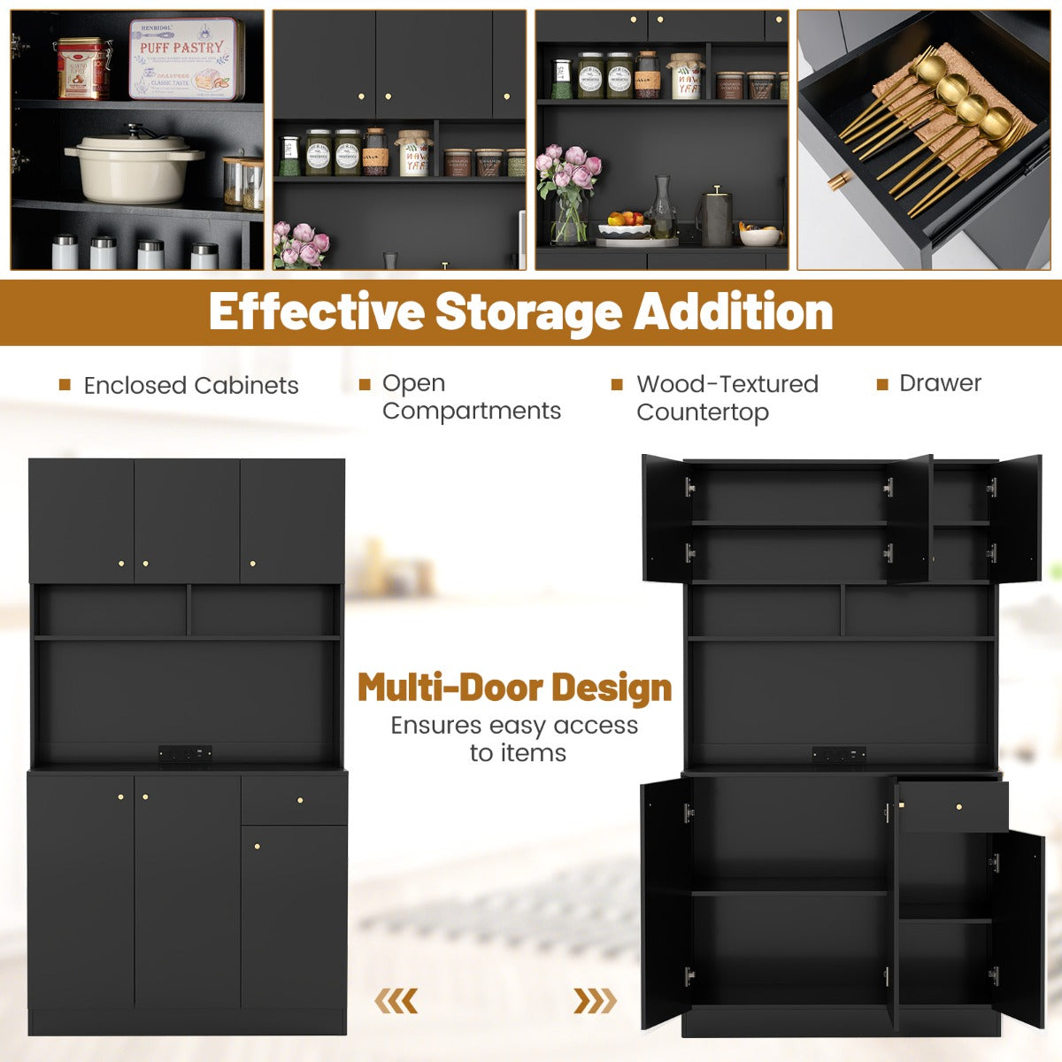 Livsk costway dressoir keukenkast met stopcontacten 4 kasten grote lade servieskast hoge buffetkast voor woonkamer eetkamer 100 x 40 x 181 cm zwart 4