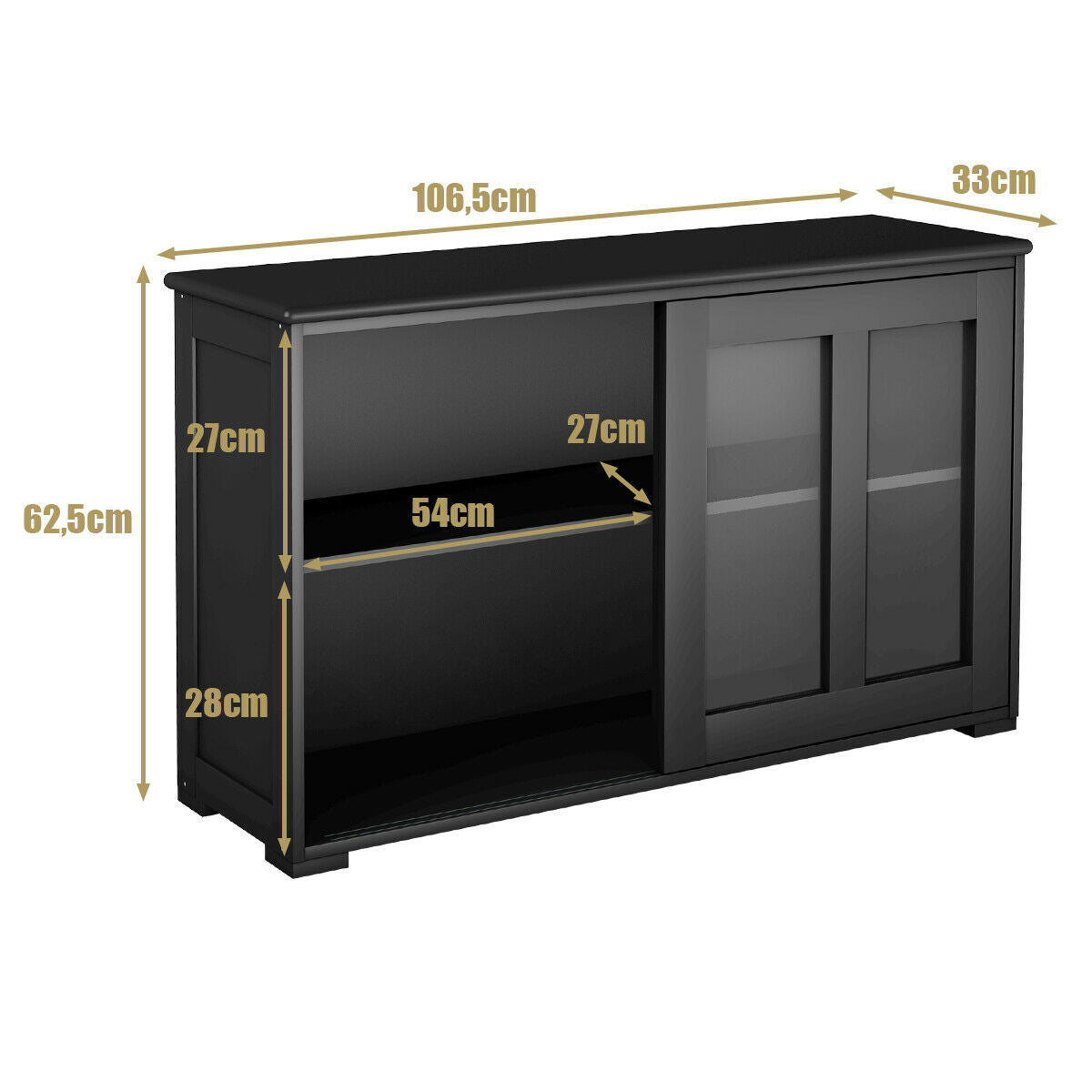 LIVSK Dressoir Opbergkast - Hoogwaardig MDF - Verstelbare Plank - Glazen Deur - Stabiele Poten - 106,5 x 33 x 62,5 cm - Zwart