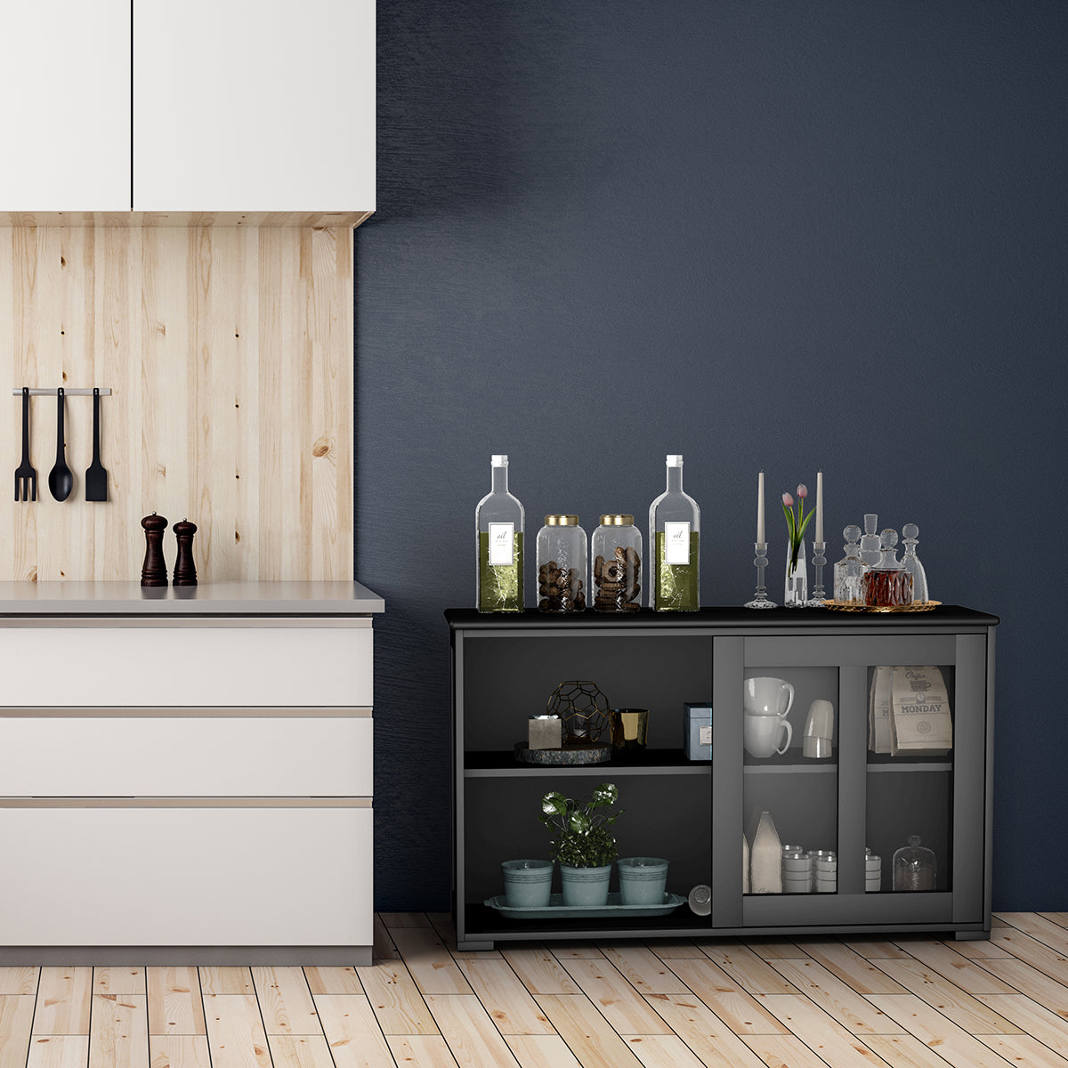 LIVSK Dressoir Opbergkast - Hoogwaardig MDF - Verstelbare Plank - Glazen Deur - Stabiele Poten - 106,5 x 33 x 62,5 cm - Zwart