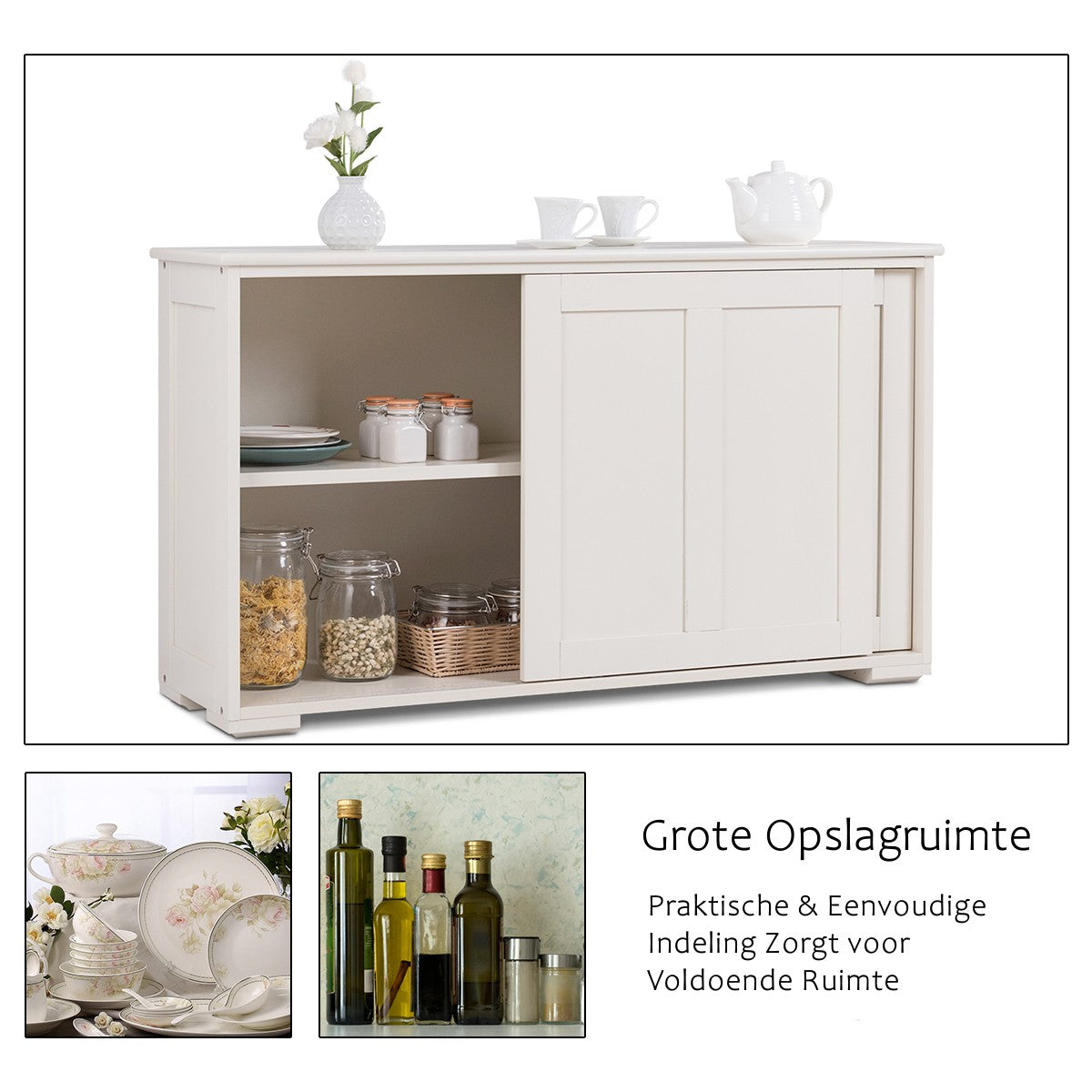 LIVSK Multifunctioneel Dressoir met Schuifdeuren - Ruime Plank - Verstelbare Hoogte - Veilig met Afgeronde Randen - Wit