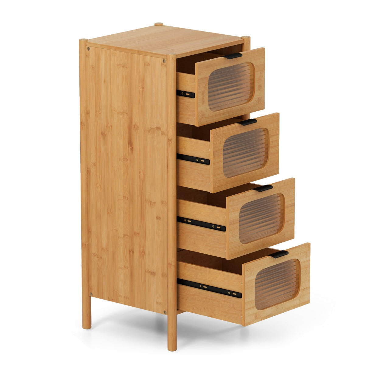 LIVSK Opbergkast van Bamboe - 4 Lades met Gestreept Gehard Glas - Stabiel en Veilig - Antislip - 40 x 40 x 97 cm - Natuurlijk