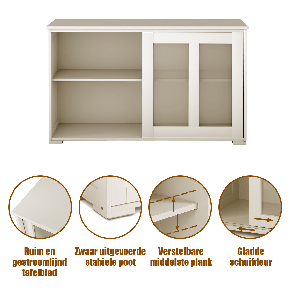 LIVSK Dressoir met Verstelbare Plank - Gehard Glas - Ruime Opbergruimte - Eenvoudig te Monteren - 106,5 x 33 x 62,5 cm - Crèmewit