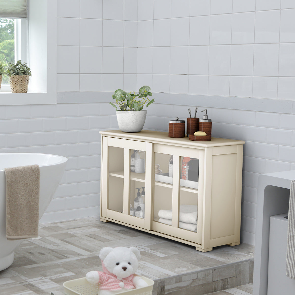 LIVSK Dressoir met Verstelbare Plank - Gehard Glas - Ruime Opbergruimte - Eenvoudig te Monteren - 106,5 x 33 x 62,5 cm - Crèmewit