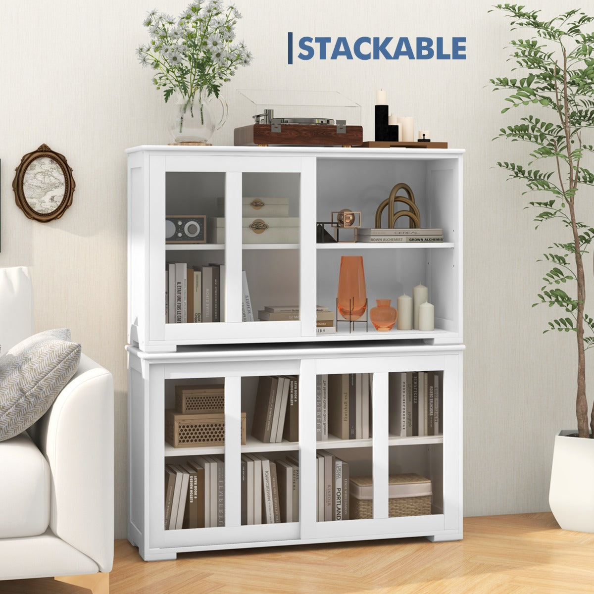 LIVSK Keukenopbergdressoir - Verstelbare Plank - Transparante Glazen Deuren - Duurzaam MDF - Elegant Design - 107 x 33 x 64 cm -