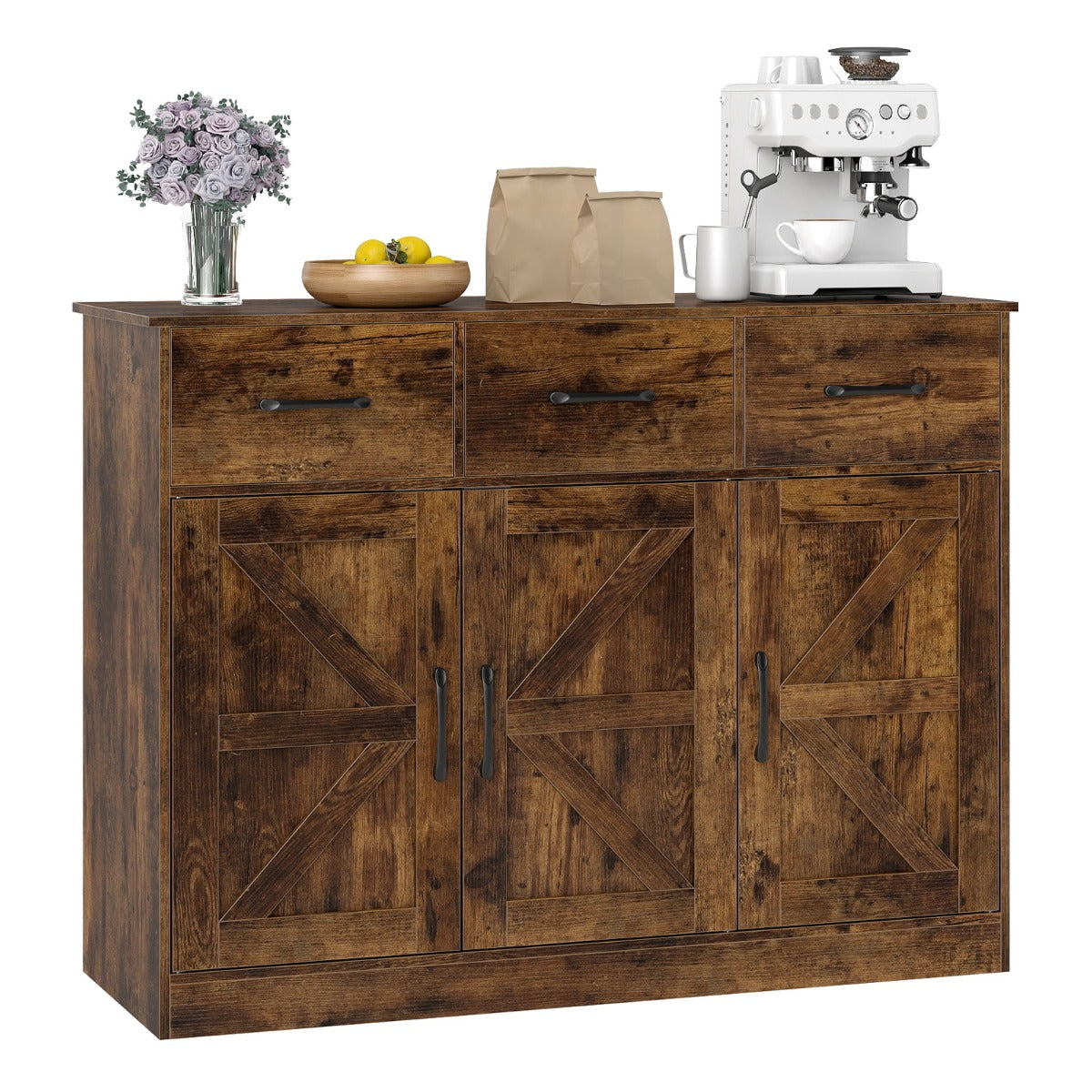 Livsk costway dressoir met laden 108 cm breed opbergmeubel met verstelbare planken en kastdeuren