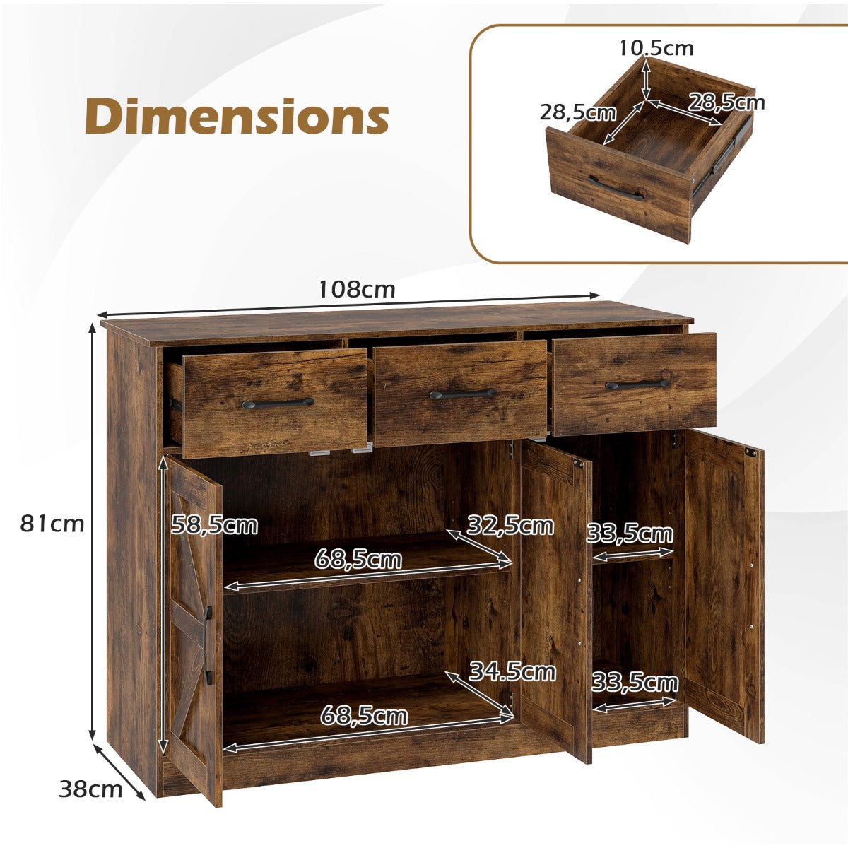 Livsk costway dressoir met laden 108 cm breed opbergmeubel met verstelbare planken en kastdeuren 2
