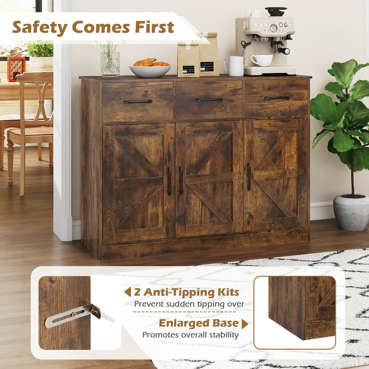 Livsk costway dressoir met laden 108 cm breed opbergmeubel met verstelbare planken en kastdeuren 5