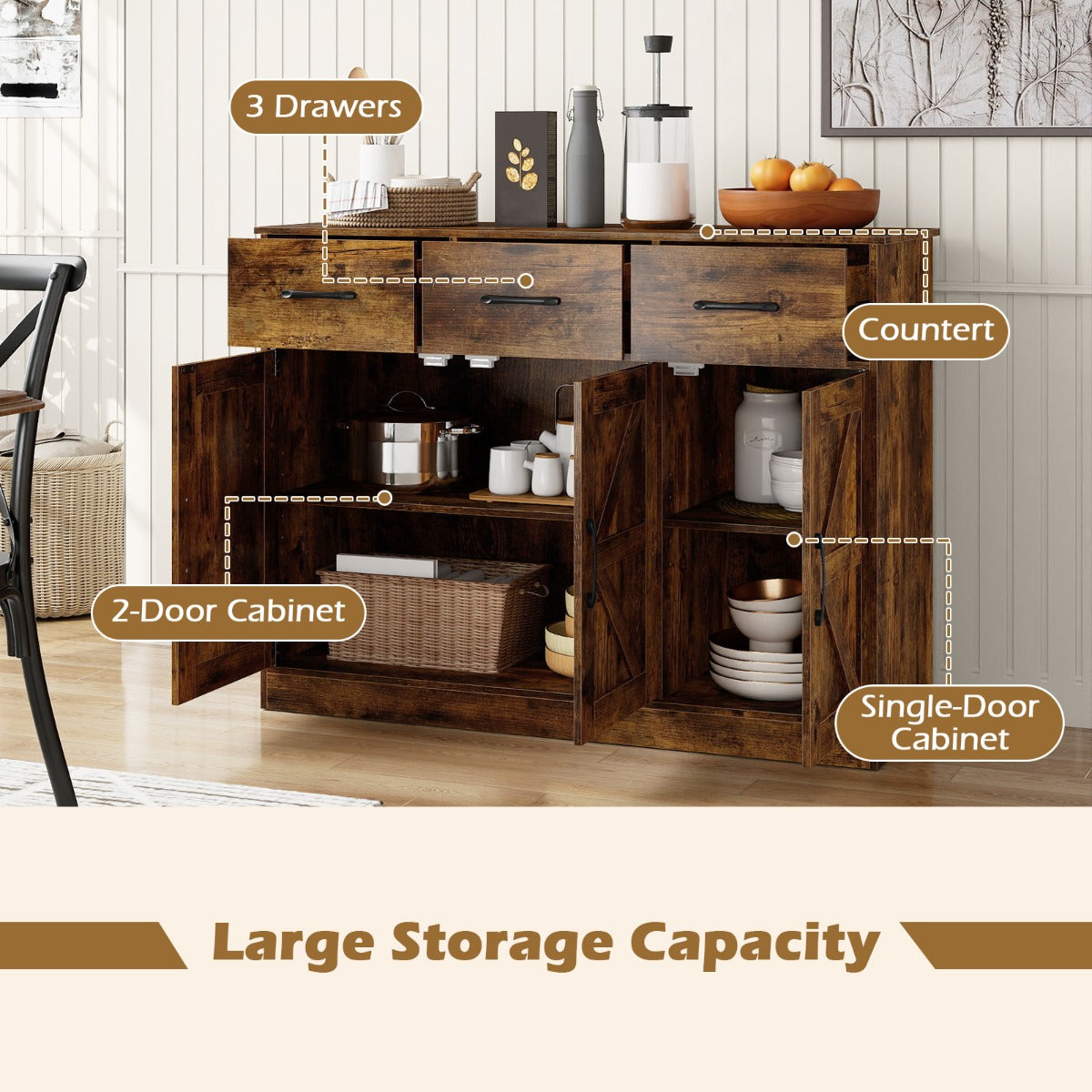 Livsk costway dressoir met laden 108 cm breed opbergmeubel met verstelbare planken en kastdeuren 6