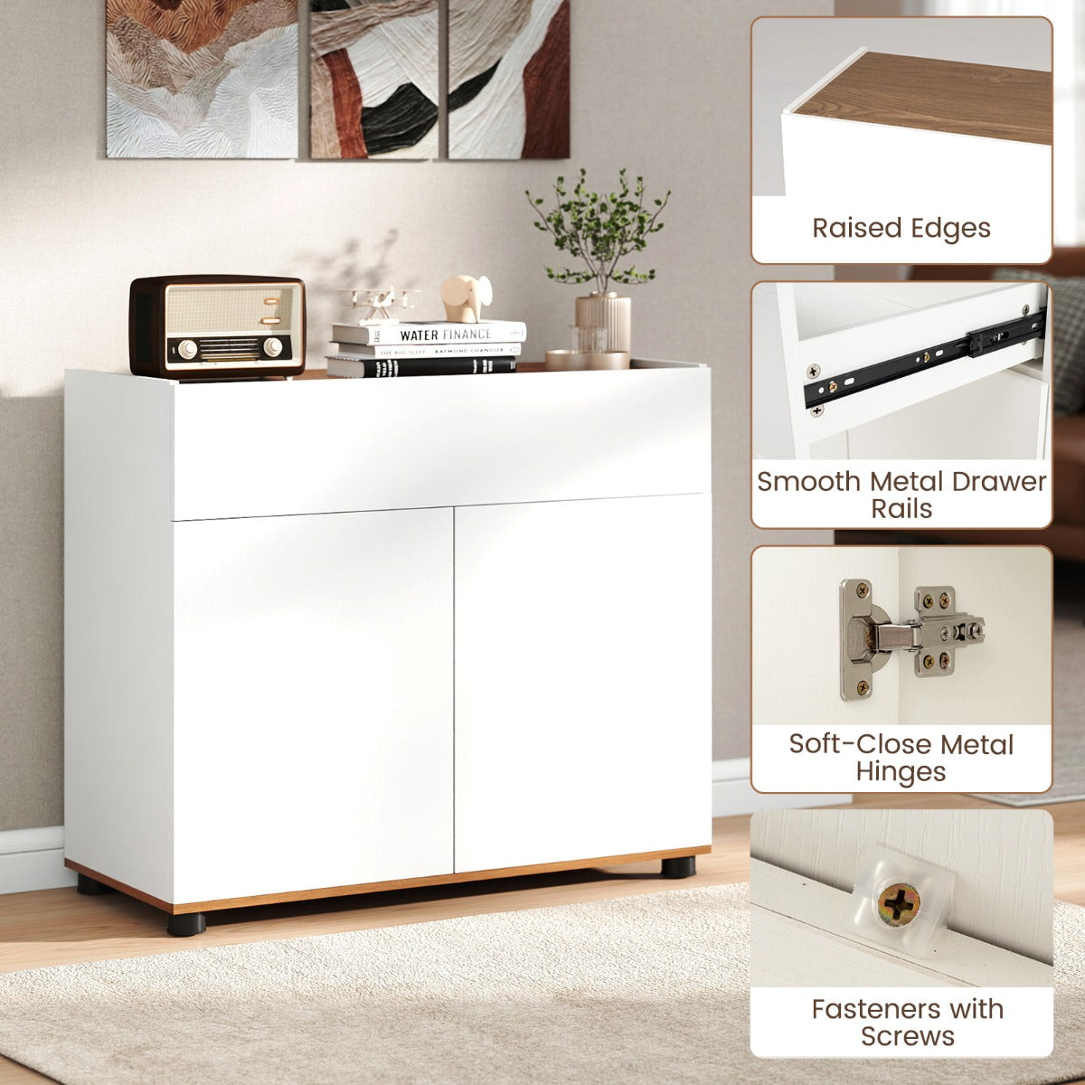 Livsk costway dressoir met opbergruimte houten koffietafel met een lade en twee deuren wit 5