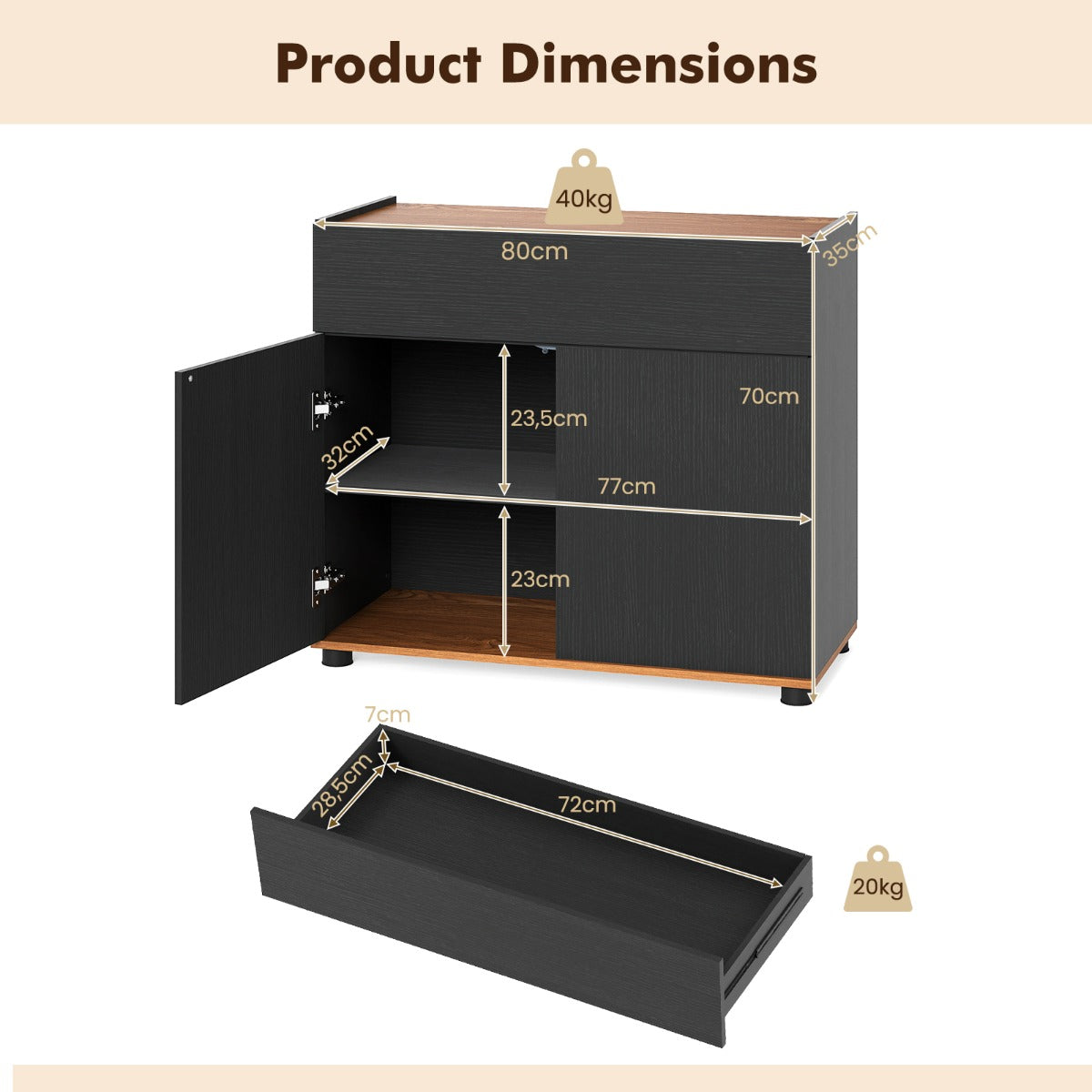 Livsk costway dressoir met opbergruimte houten koffietafel met een lade en twee deuren zwart 2