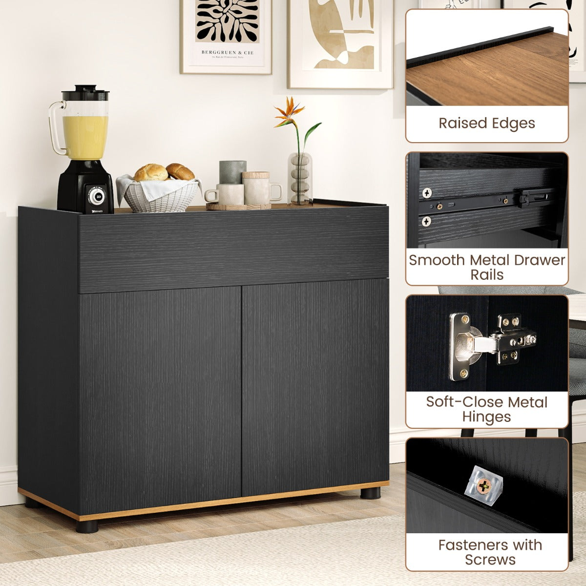 Livsk costway dressoir met opbergruimte houten koffietafel met een lade en twee deuren zwart 4