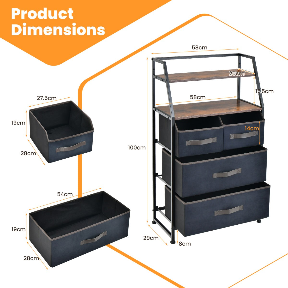 LIVSK Commode met Laden - Ruim Werkblad - Uitneembare Laden - Robuust Metaal - Kantelbeveiliging - 58 x 29 x 100 cm - Zwart +