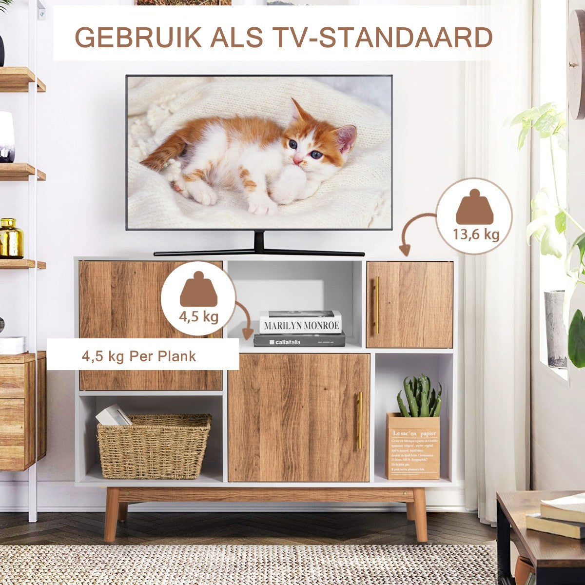 LIVSK Ladekast Wit en Koffiebruin - 6 Vakken - Hoogwaardig Hout - Asymmetrisch Ontwerp - Ideaal als Opberg- of TV-meubel - 95 x