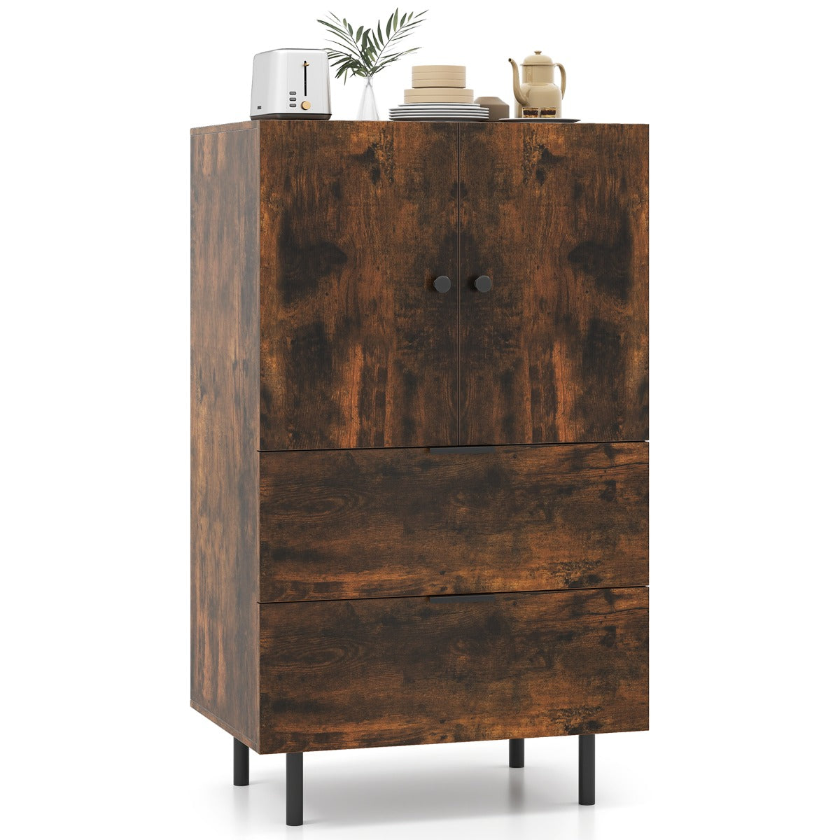 LIVSK Buffetkast met Metalen Poten - 2 Lades & 1 Kast - Veiligheidsvoorzieningen - 60 x 41,5 x 102 cm - Koffie