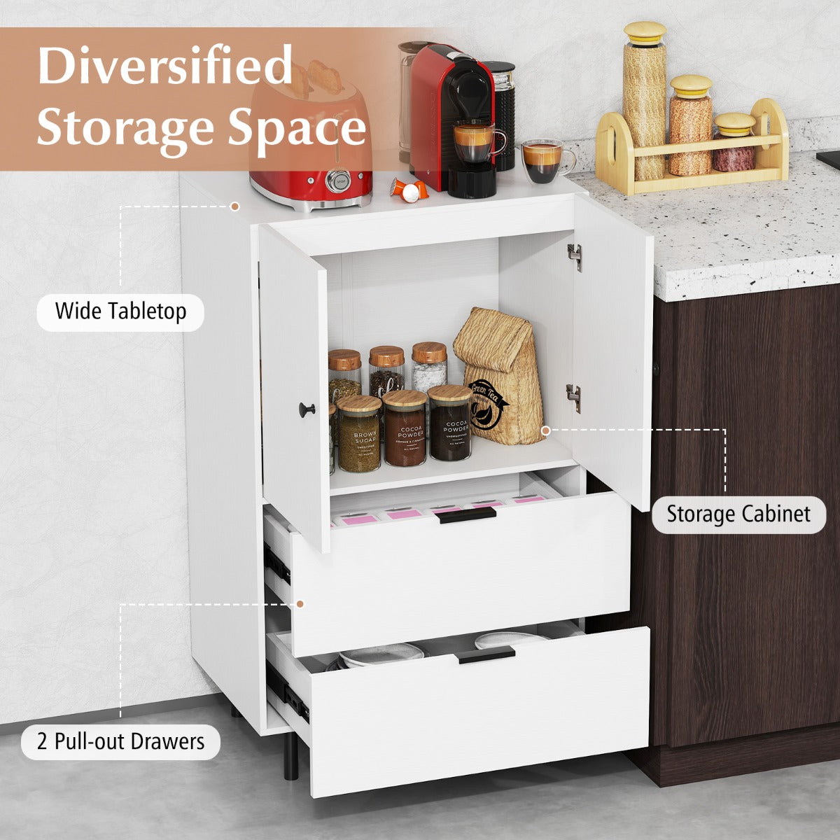 LIVSK Buffetkast met 2 Lades - Metalen Poten - Antikantelvoorzieningen - 60 x 41,5 x 102 cm - Wit