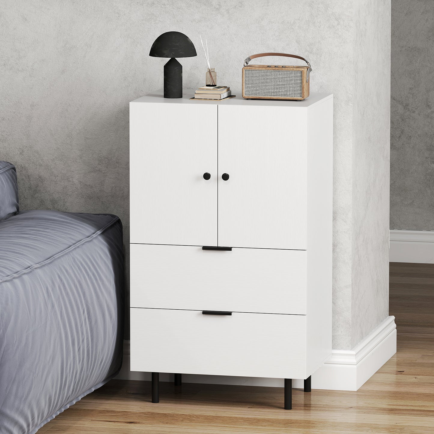 LIVSK Buffetkast met 2 Lades - Metalen Poten - Antikantelvoorzieningen - 60 x 41,5 x 102 cm - Wit