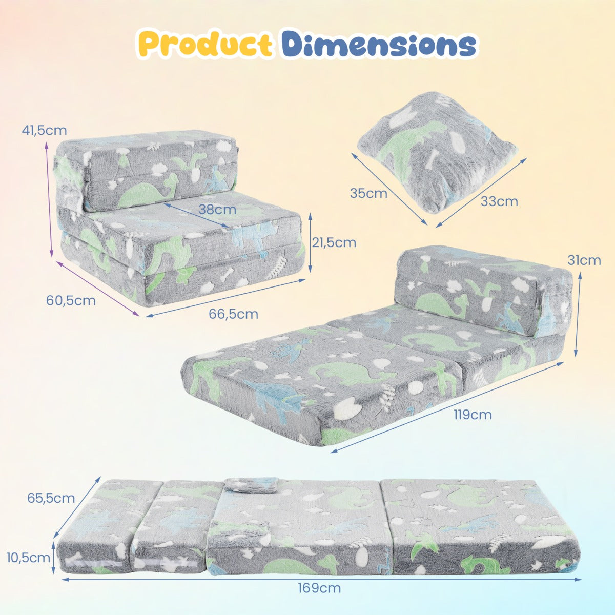 Livsk costway drie in een kinderbedbank slaapbank met schuimvulling en afneembare hoes glow in the dark opvouwbare zitting 1 1