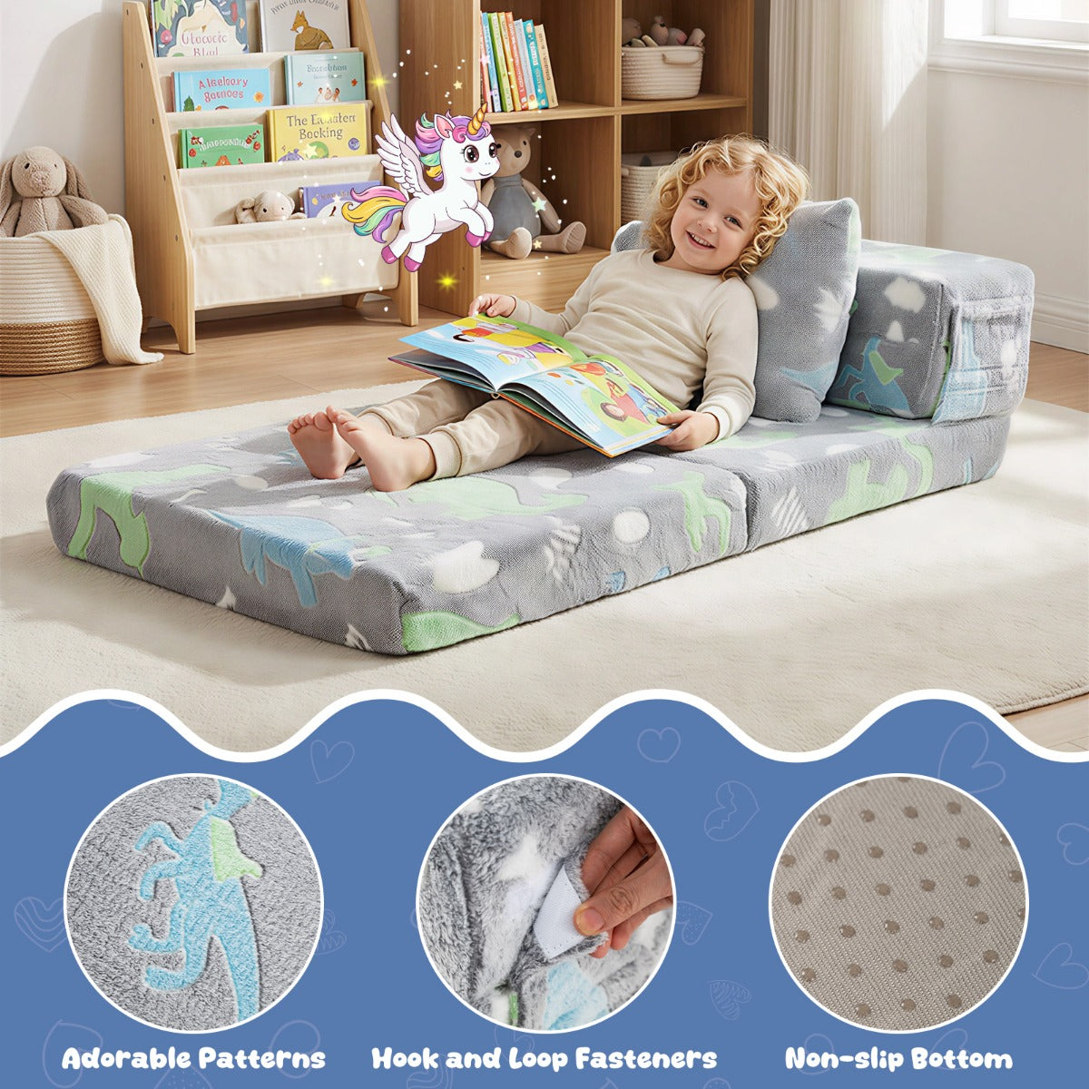 Livsk costway drie in een kinderbedbank slaapbank met schuimvulling en afneembare hoes glow in the dark opvouwbare zitting 2