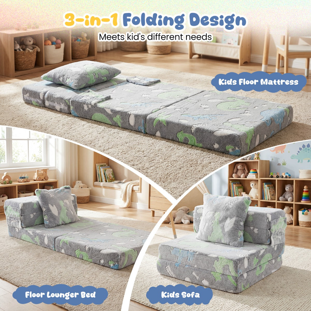 Livsk costway drie in een kinderbedbank slaapbank met schuimvulling en afneembare hoes glow in the dark opvouwbare zitting 5