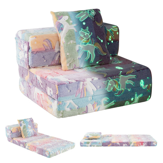 Livsk costway drie in een kinderbedbank slaapbank met schuimvulling en afneembare hoes glow in the dark opvouwbare zitting veelkleurig