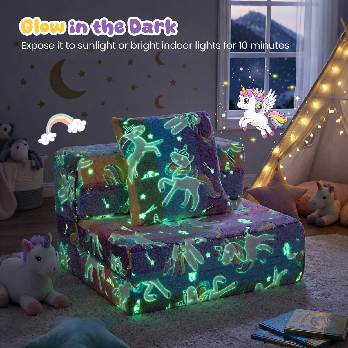 Livsk costway drie in een kinderbedbank slaapbank met schuimvulling en afneembare hoes glow in the dark opvouwbare zitting veelkleurig 2