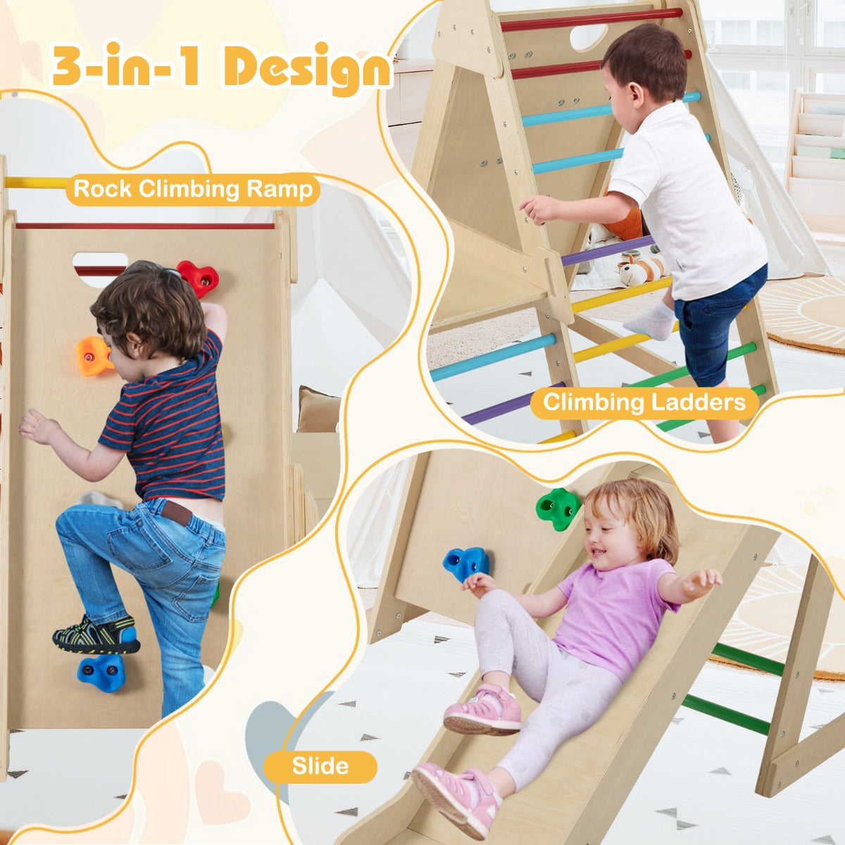 Livsk costway drie in een klimrek met glijbaan klimrek met ladder houten klimset multicolor 5