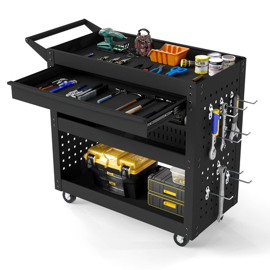 Livsk costway drie laags gereedschapswagen op wielen metalen handkar met grote lade twee pegboards en acht haken