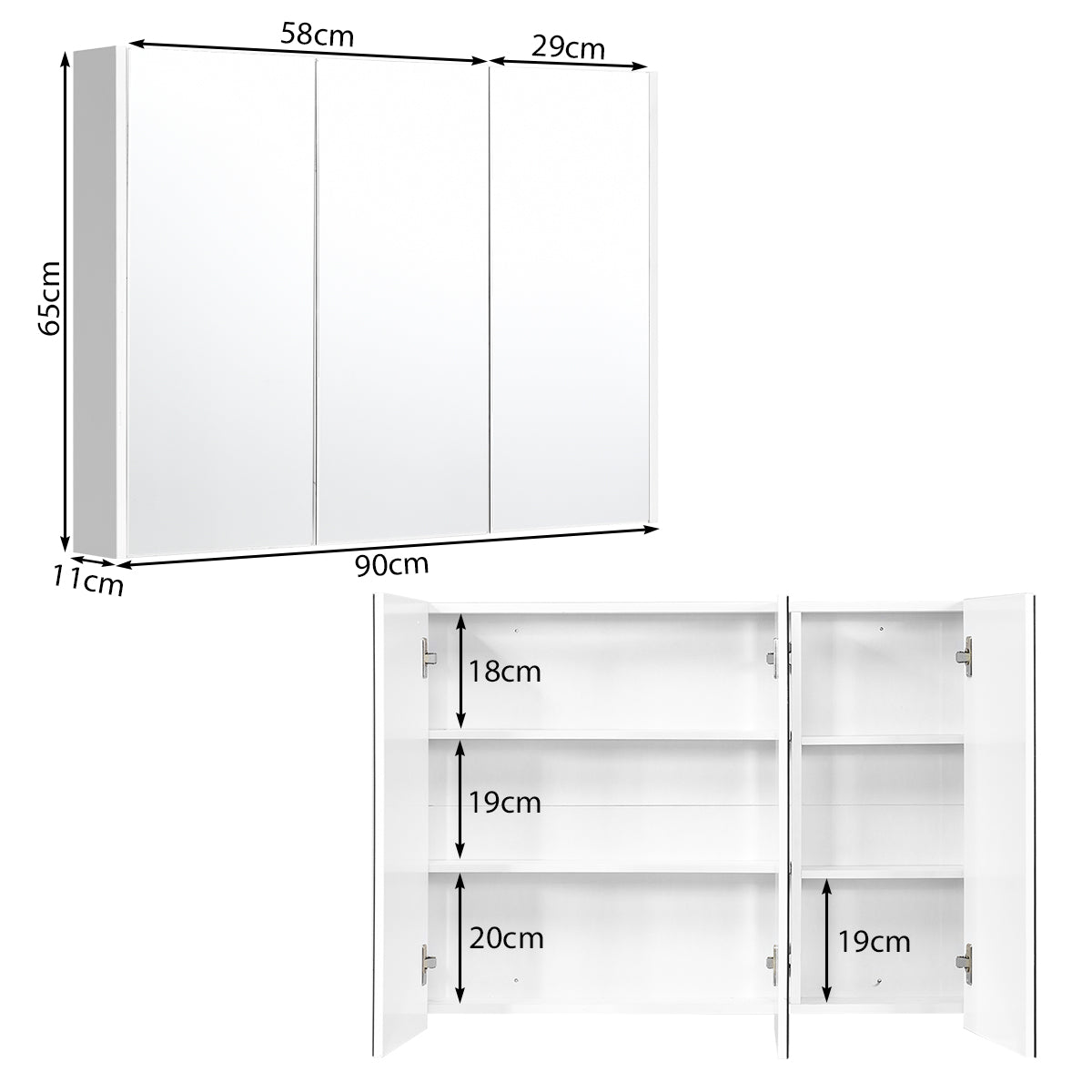 LIVSK Badkamer Hangkast met Spiegel - Hoogwaardig MDF - 3 Deuren - 2 Verstelbare Planken - Modern Design - Wit