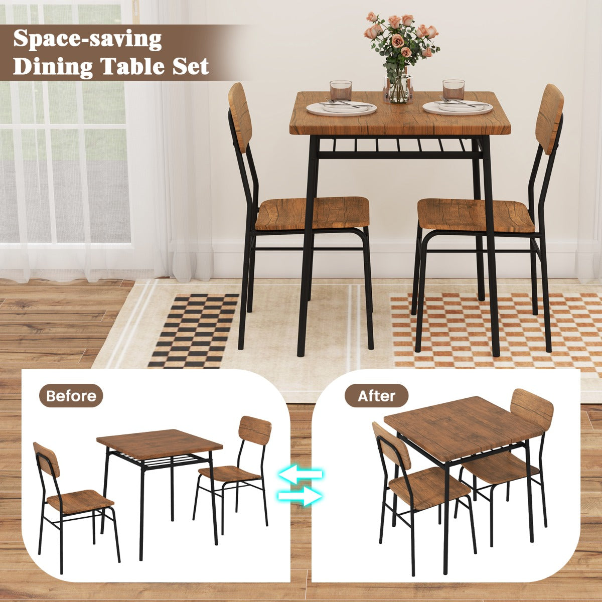 Livsk costway driedelige eetset bestaande uit een vierkante keukentafel met stoelen met opbergruimte voorzien van een metalen frame voor een ruimtebesparend meubelensemble 6