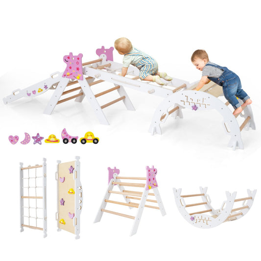 Livsk costway driehoekige set 4 in 1 opvouwbaar klimspeelgoed montessori houten klimset wit