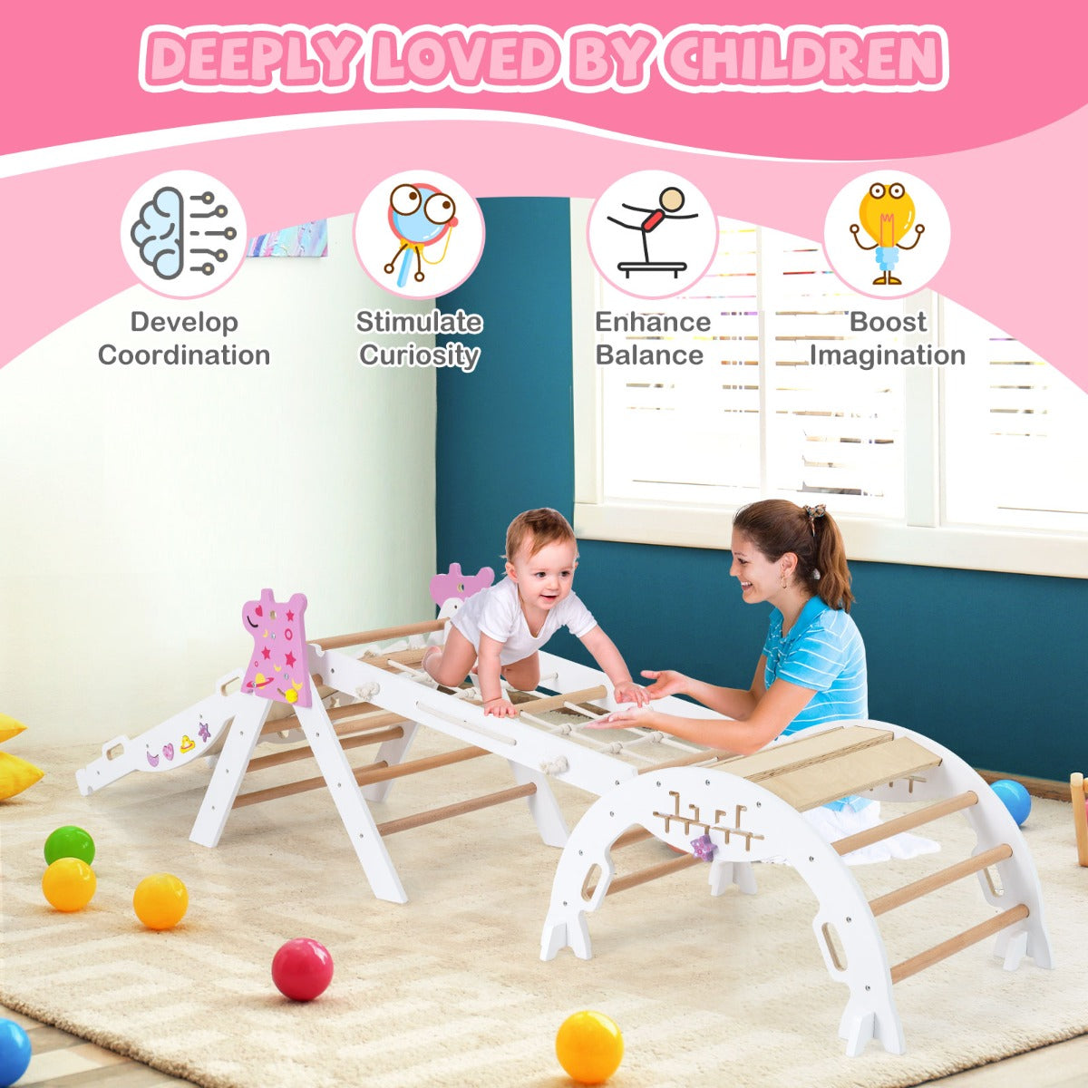 Livsk costway driehoekige set 4 in 1 opvouwbaar klimspeelgoed montessori houten klimset wit
