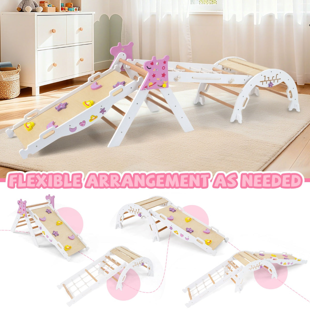Livsk costway driehoekige set 4 in 1 opvouwbaar klimspeelgoed montessori houten klimset wit