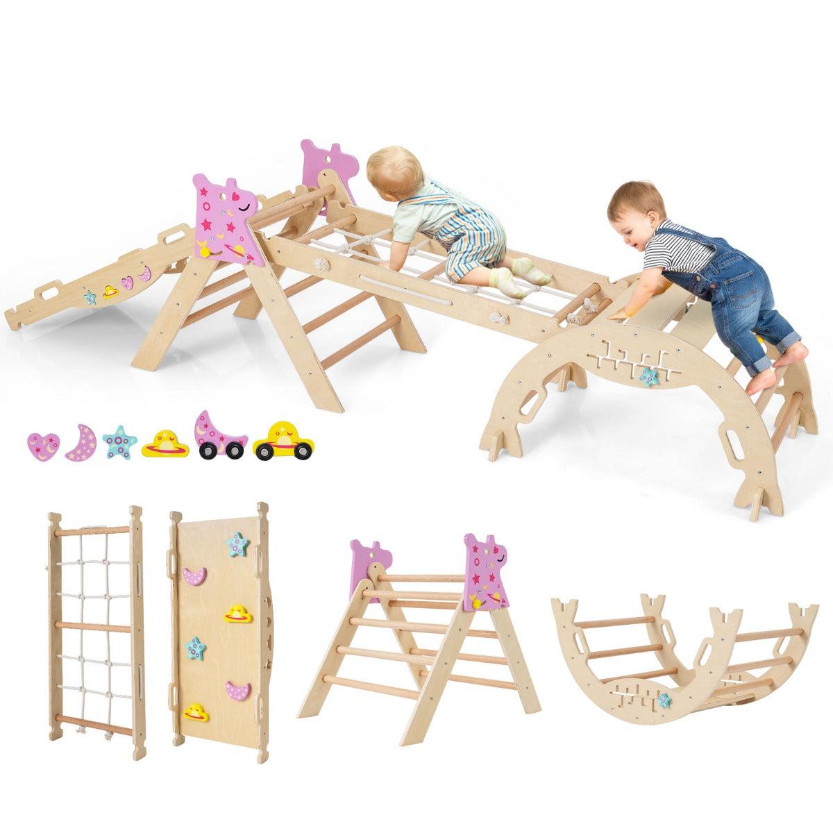 Livsk costway driehoekige set 8 in 1 opvouwbaar klimspeelgoed montessori houten klimset naturel