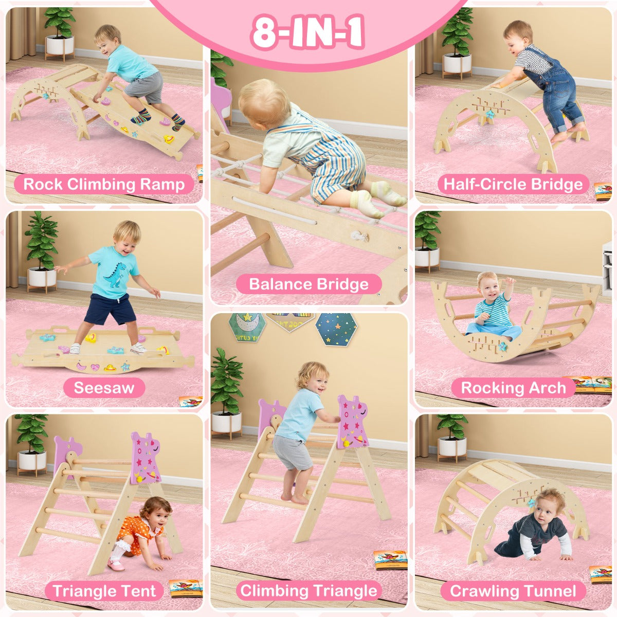 Livsk costway driehoekige set 8 in 1 opvouwbaar klimspeelgoed montessori houten klimset naturel 3