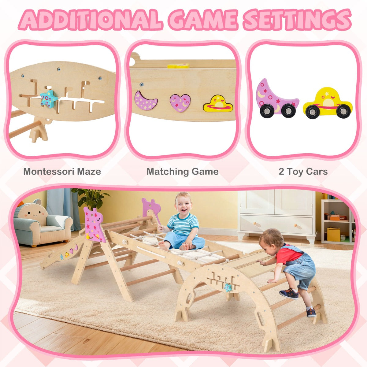 Livsk costway driehoekige set 8 in 1 opvouwbaar klimspeelgoed montessori houten klimset naturel 4