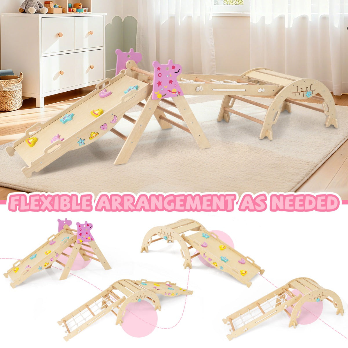 Livsk costway driehoekige set 8 in 1 opvouwbaar klimspeelgoed montessori houten klimset naturel 5