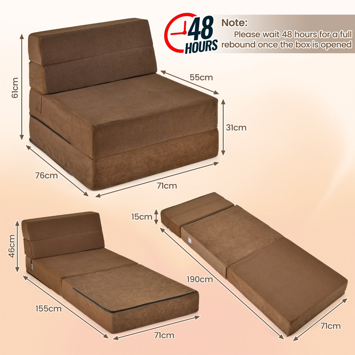 LIVSK Drievoudige Slaapbank - Omvormbaar tot Bank, Chaise Longue of Matras - Velours - Ruimtebesparend - Bruin