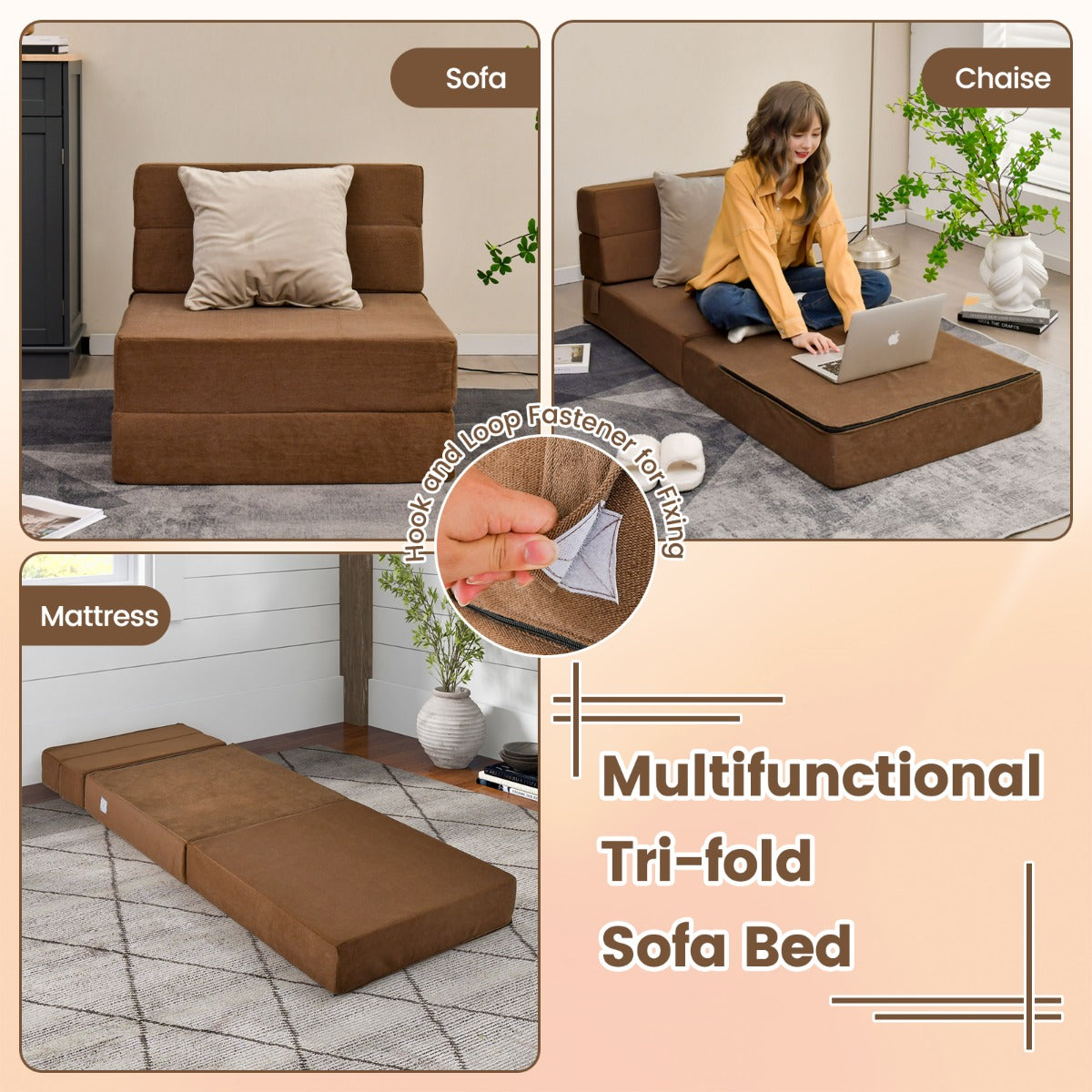 LIVSK Drievoudige Slaapbank - Omvormbaar tot Bank, Chaise Longue of Matras - Velours - Ruimtebesparend - Bruin