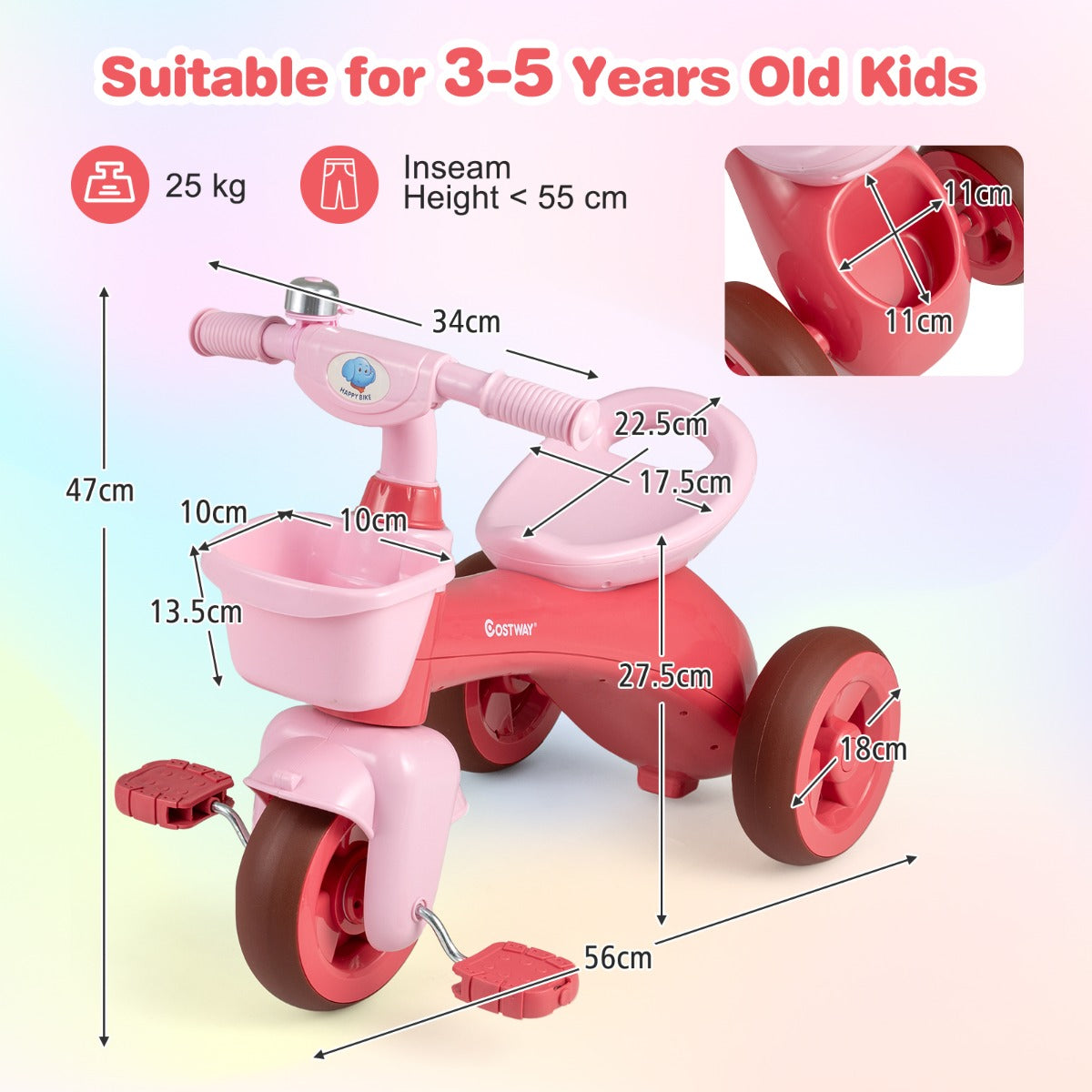 Livsk costway driewielige loopfiets voor kinderen voorzien van een stuurbegrenzer bel en ergonomisch ontworpen zadel roze 1 1