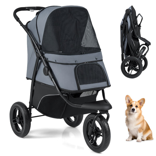 Livsk costway driewielige trolley voor huisdieren geschikt voor kleine tot middelgrote honden met een opvouwbare kattenmand grijs