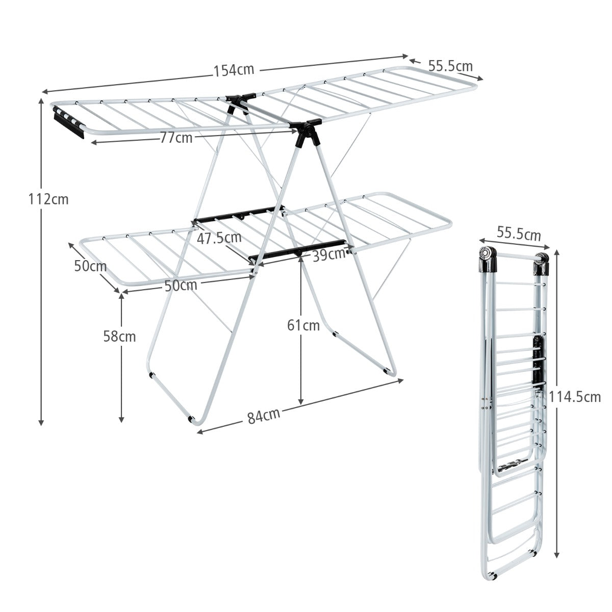 LIVSK Opvouwbare Droogtrommel - Verstelbare Vleugels - Gepoedercoat Stalen Frame - Tot 20 kg - Voor Binnen en Buiten - Wit + Zwart