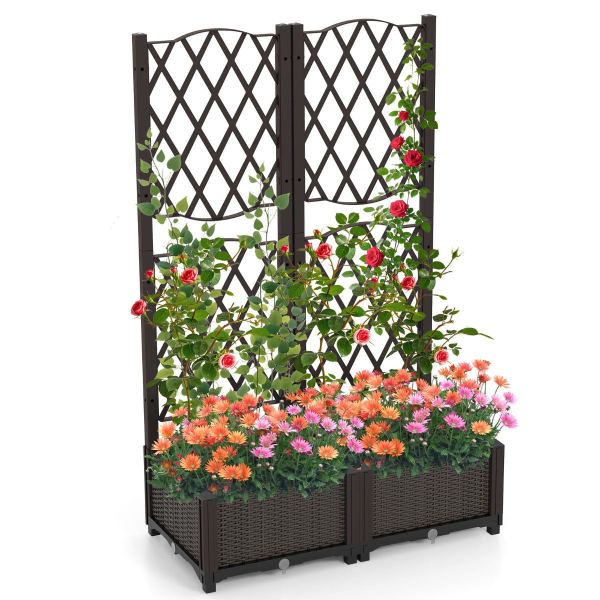 LIVSK Plantenbak met Trellis - Ruitvormig - Zelfbewaterend - Weerbestendig PE-materiaal - 80 x 40 x 122 cm - Bruin