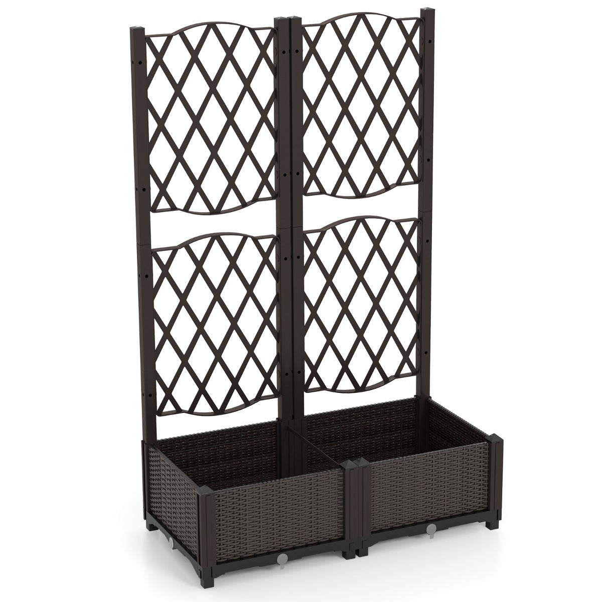 LIVSK Plantenbak met Trellis - Ruitvormig - Zelfbewaterend - Weerbestendig PE-materiaal - 80 x 40 x 122 cm - Bruin