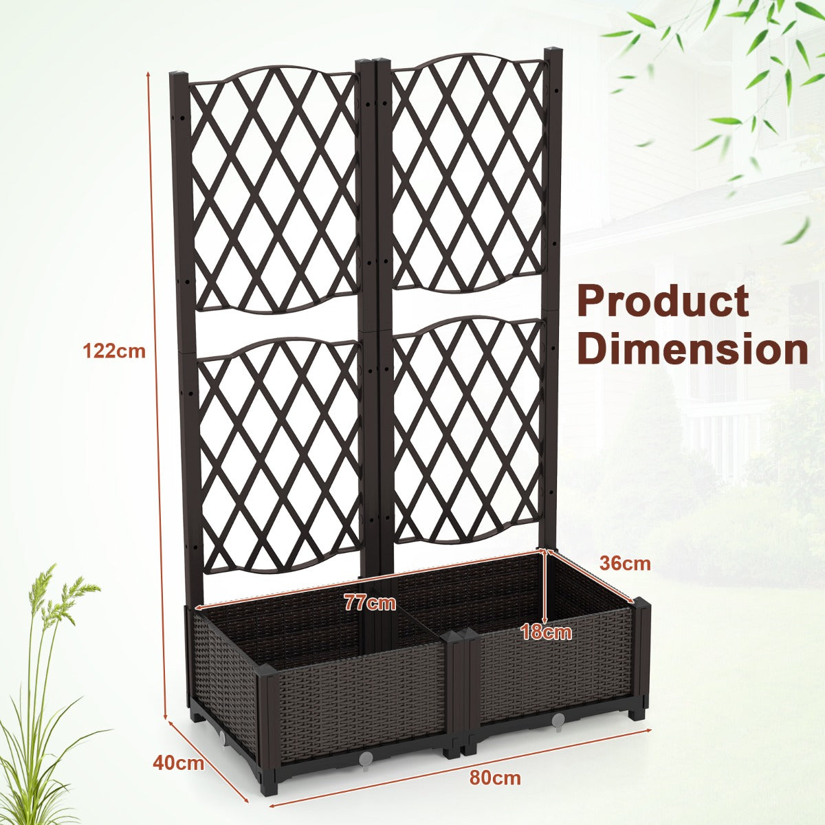 LIVSK Plantenbak met Trellis - Ruitvormig - Zelfbewaterend - Weerbestendig PE-materiaal - 80 x 40 x 122 cm - Bruin