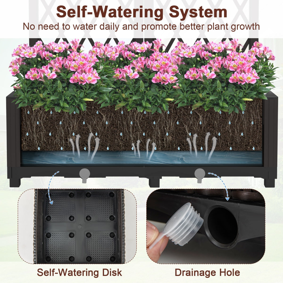 LIVSK Plantenbak met Trellis - Ruitvormig - Zelfbewaterend - Weerbestendig PE-materiaal - 80 x 40 x 122 cm - Bruin