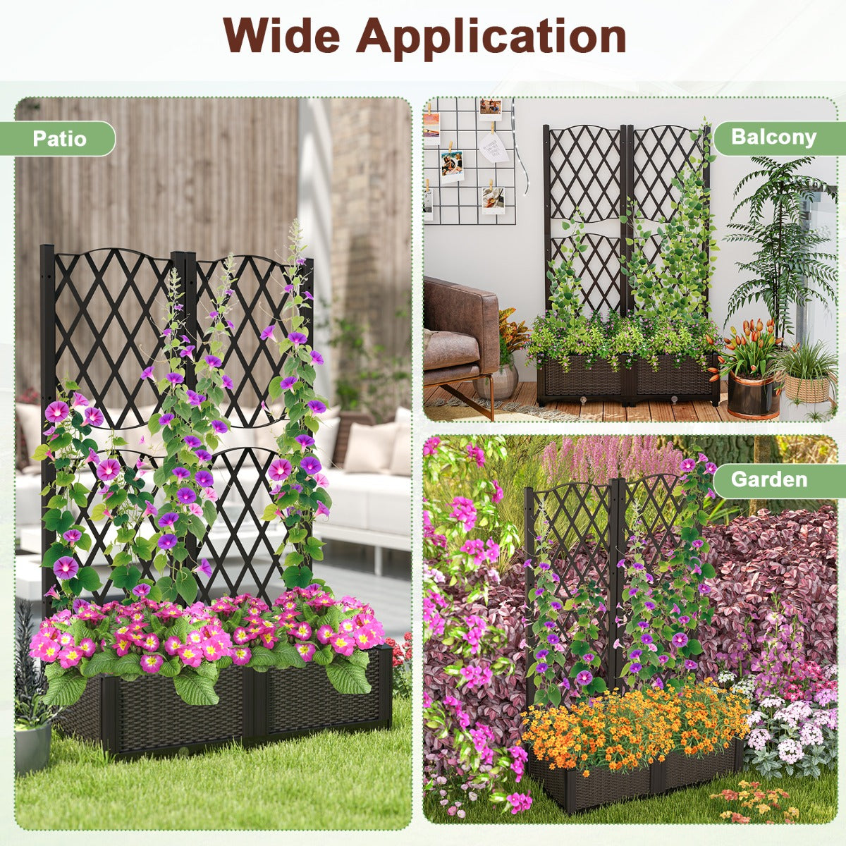 LIVSK Plantenbak met Trellis - Ruitvormig - Zelfbewaterend - Weerbestendig PE-materiaal - 80 x 40 x 122 cm - Bruin