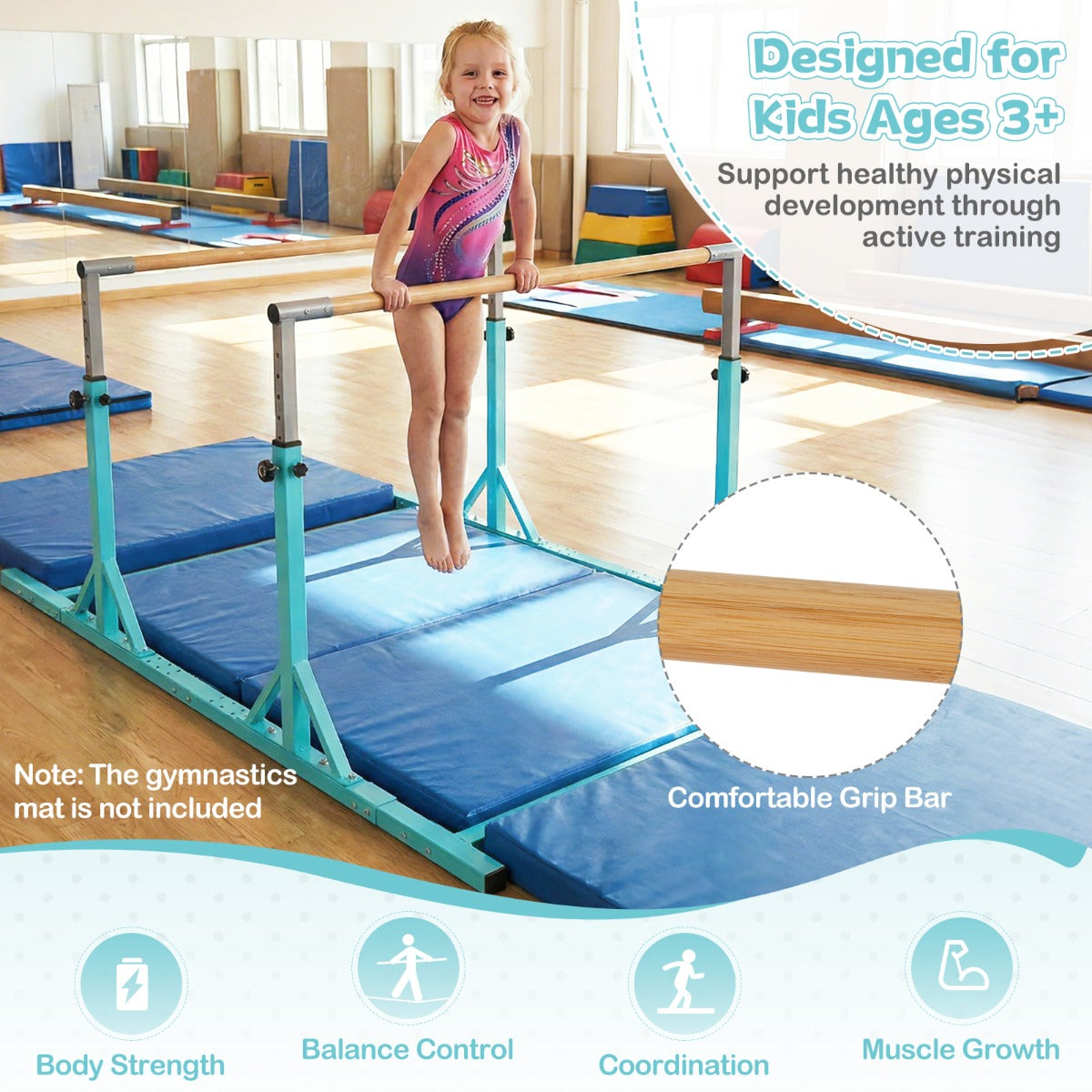 Livsk costway dubbele horizontale stangen voor kinderen 250 cm junior gymnastiekbrug met hoogteverstelling van 845 1445 cm en 6 voudige breedteverstelling