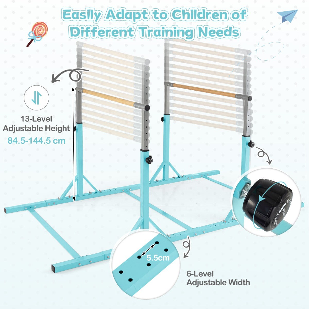 Livsk costway dubbele horizontale stangen voor kinderen 250 cm junior gymnastiekbrug met hoogteverstelling van 845 1445 cm en 6 voudige breedteverstelling